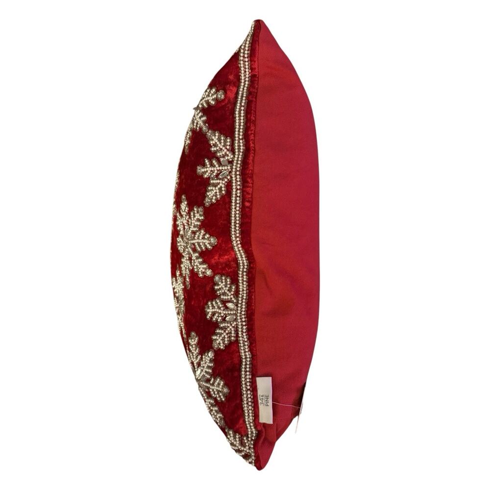 34th & Pine Red Velour Christmas Throw Pillow Crystal Beaded Snowflake 19” Zip - Picture 6 of 14